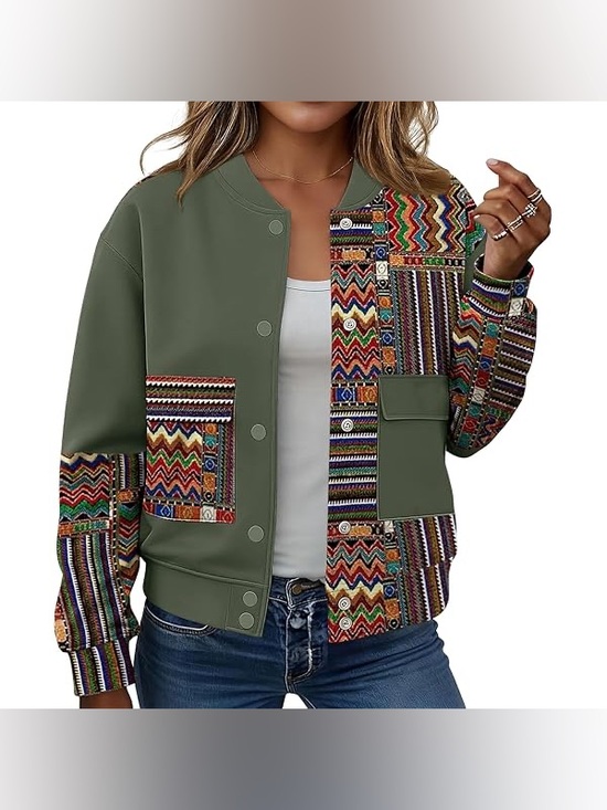 etcyynew Jackets & Blazers - Olive Patchwork Tribal-Panel Bomber Jacket